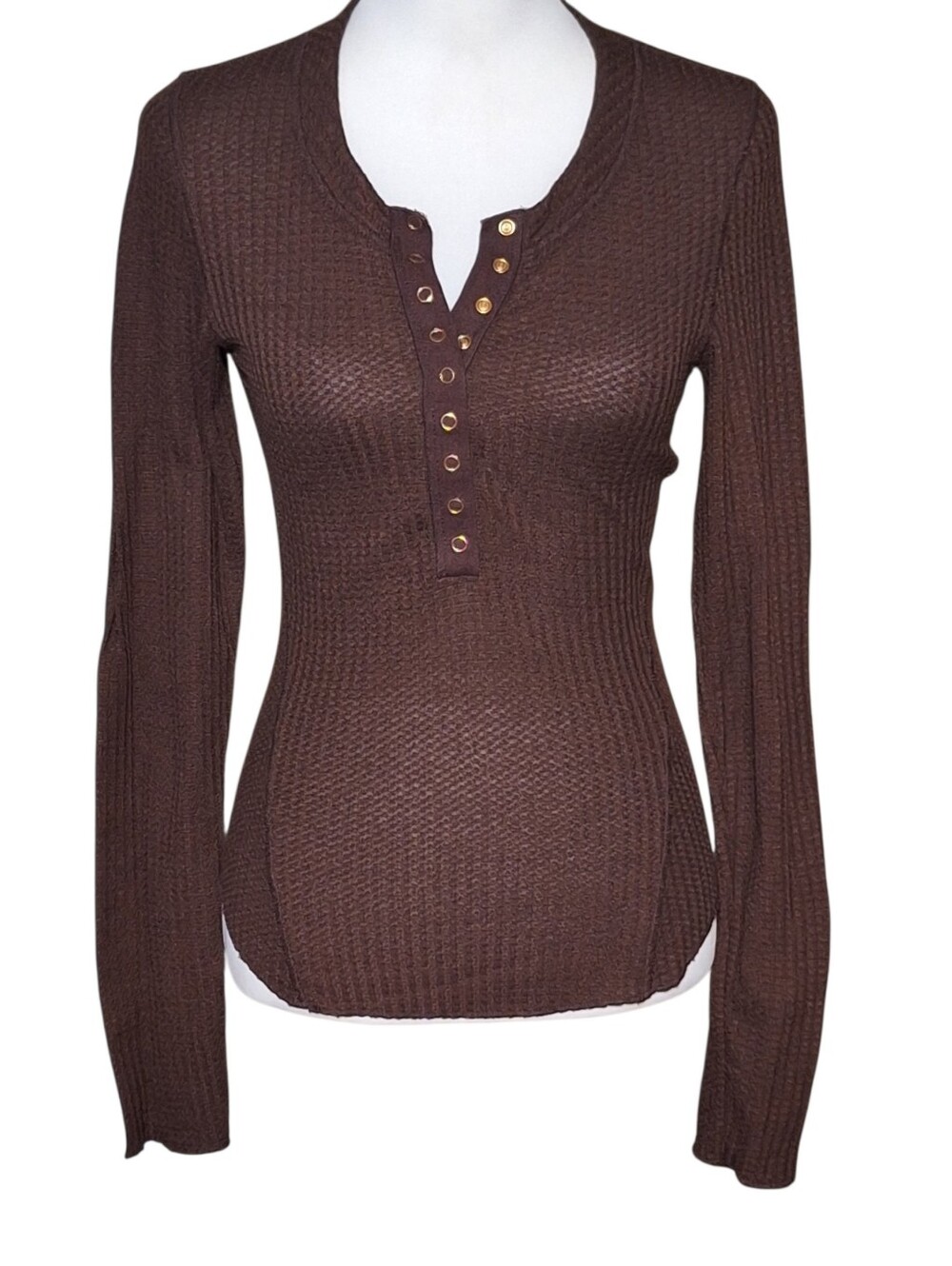 Natural Life Womens M chocolate brown themal waffle knit henley shirt grunge